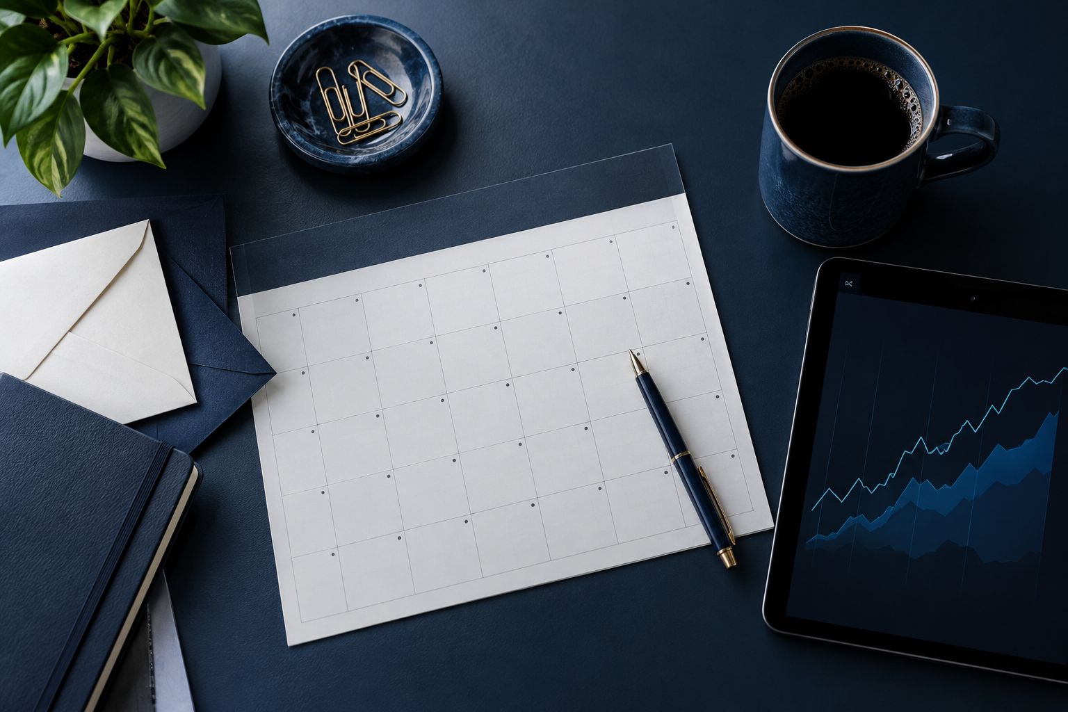A calendar, envelopes and a tablet with a chart arranged on a desk