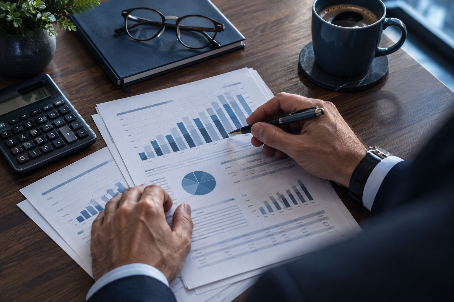 Hands reviewing printed financial statements with a pen and calculator
