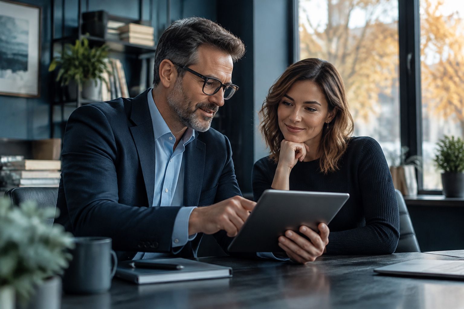 An advisor and a business owner reviewing a checklist on a tablet