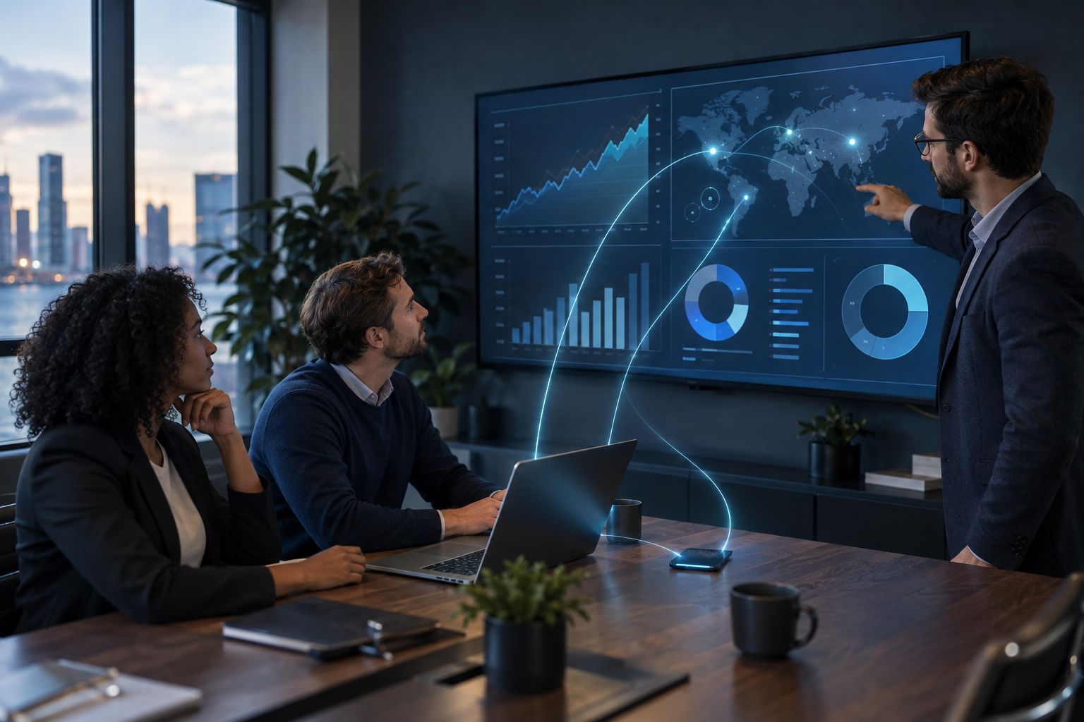 A team in a modern office in front of a display of connected dashboards