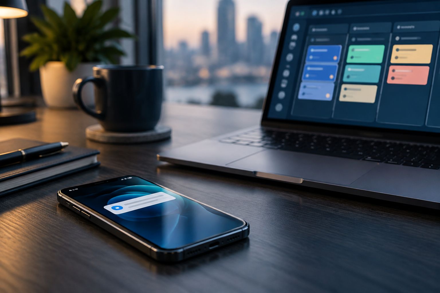 A phone notification beside a laptop showing a sales pipeline