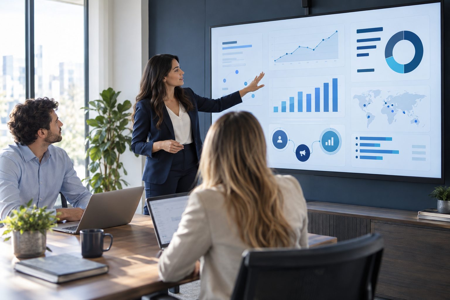 A team reviewing a connected marketing and sales dashboard
