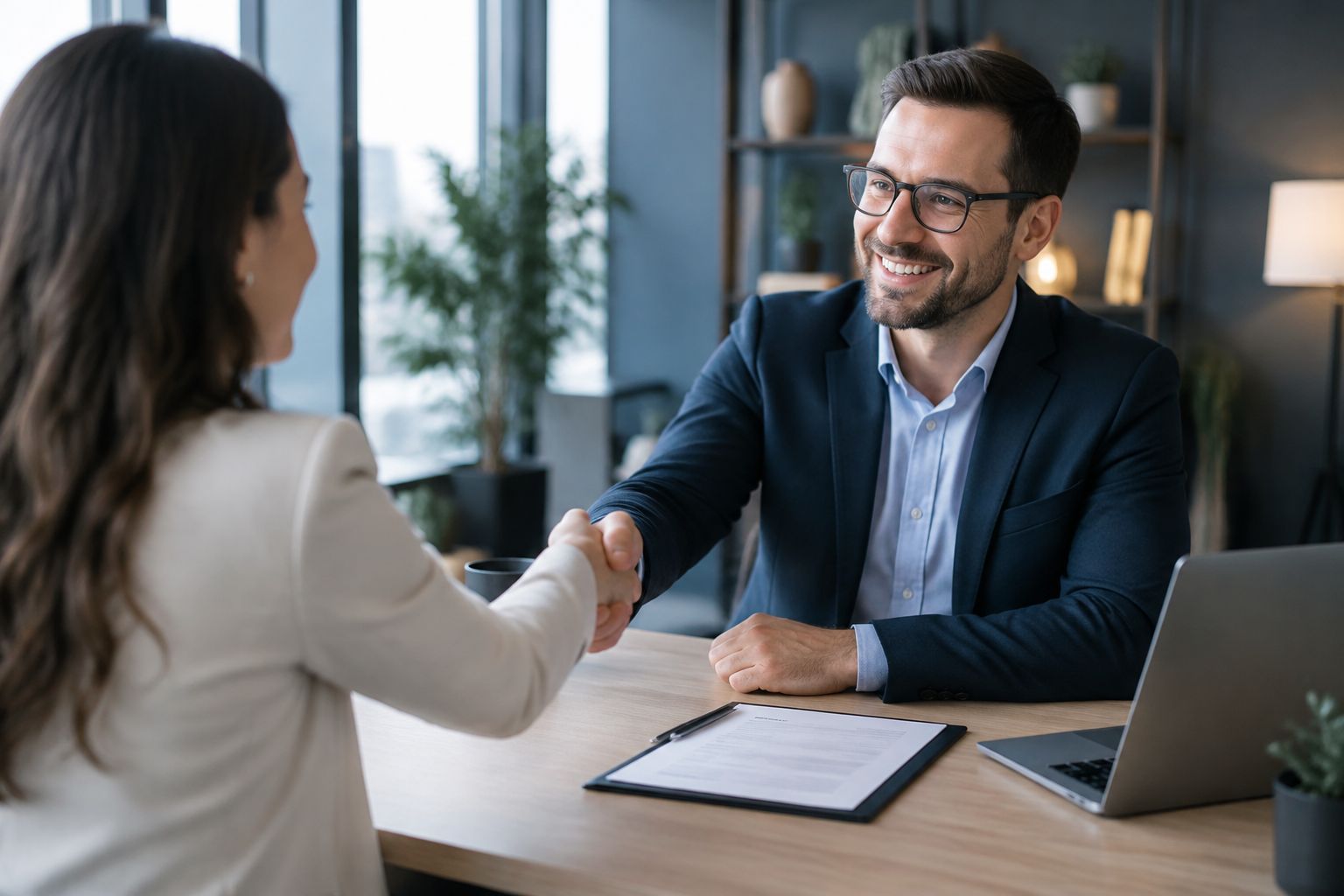 A hiring advisor shaking hands with a candidate