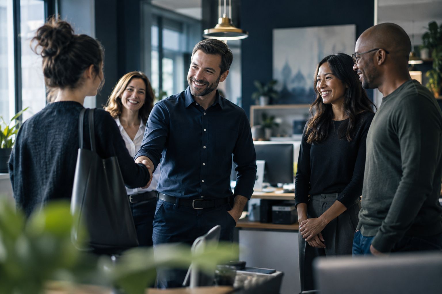 A business owner welcoming a new hire to the team