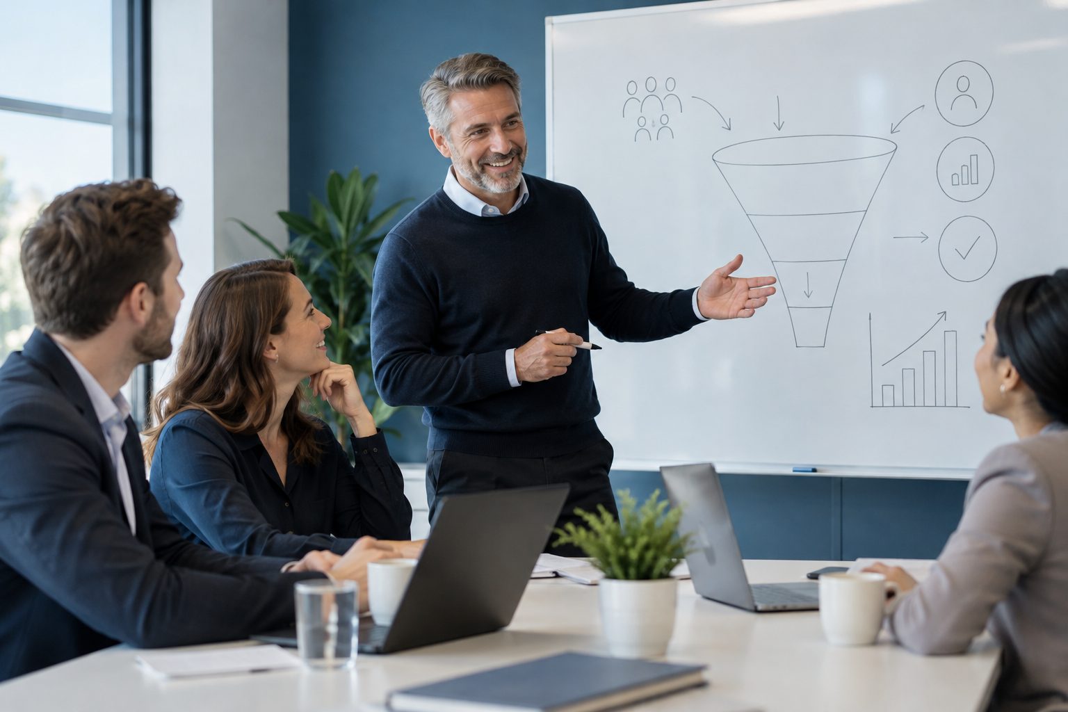 A sales coach leading a workshop with a small team